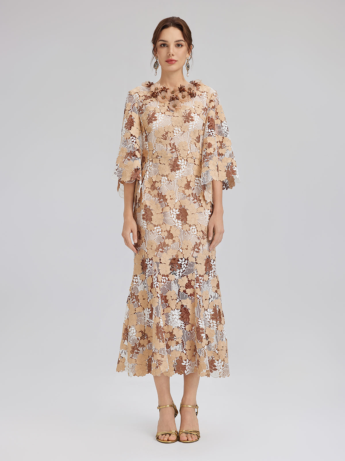 Rhinestone Openwork Embroidered Florals Lace Dress