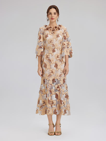 Rhinestone Openwork Embroidered Florals Lace Dress