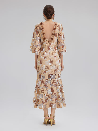 Rhinestone Openwork Embroidered Florals Lace Dress