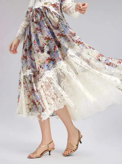 Baroque Silk Lace-Organza Panel Dress (100% Silk Floral Slip Included)