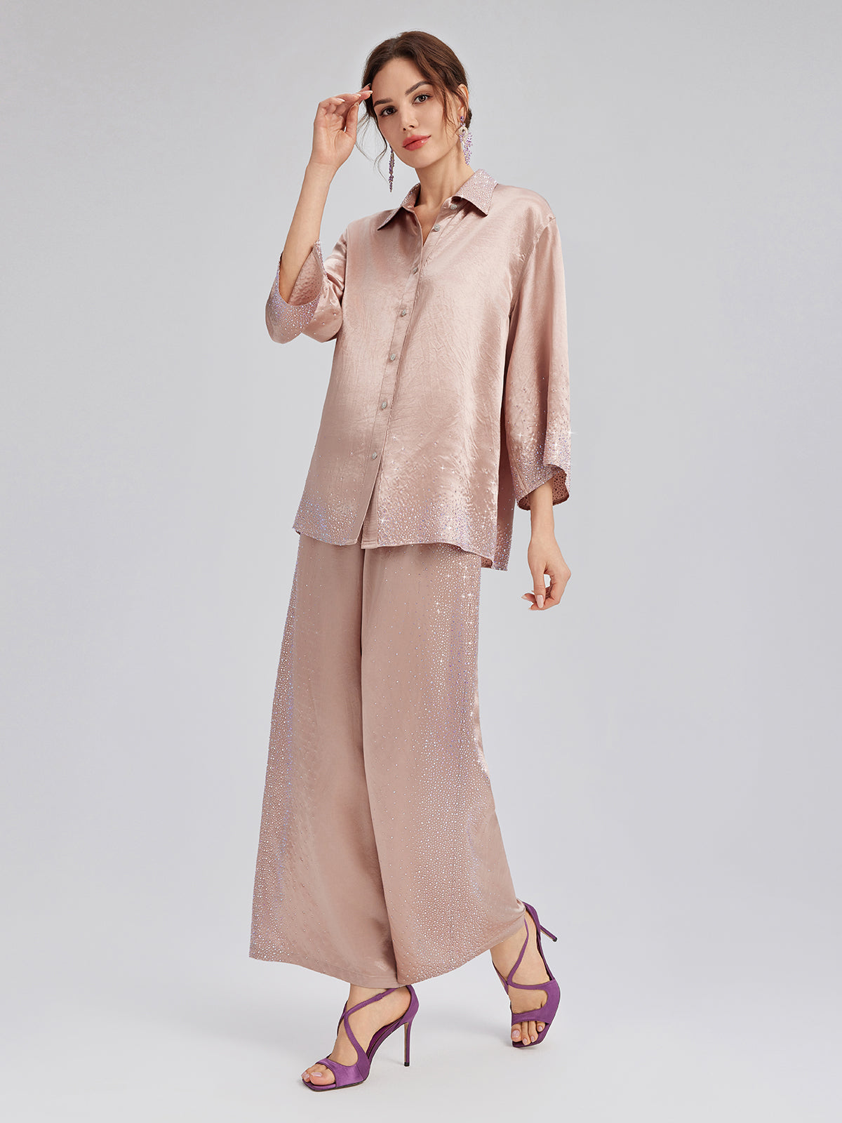 Crystal-Embellished Three-Quarter Sleeve Shirt