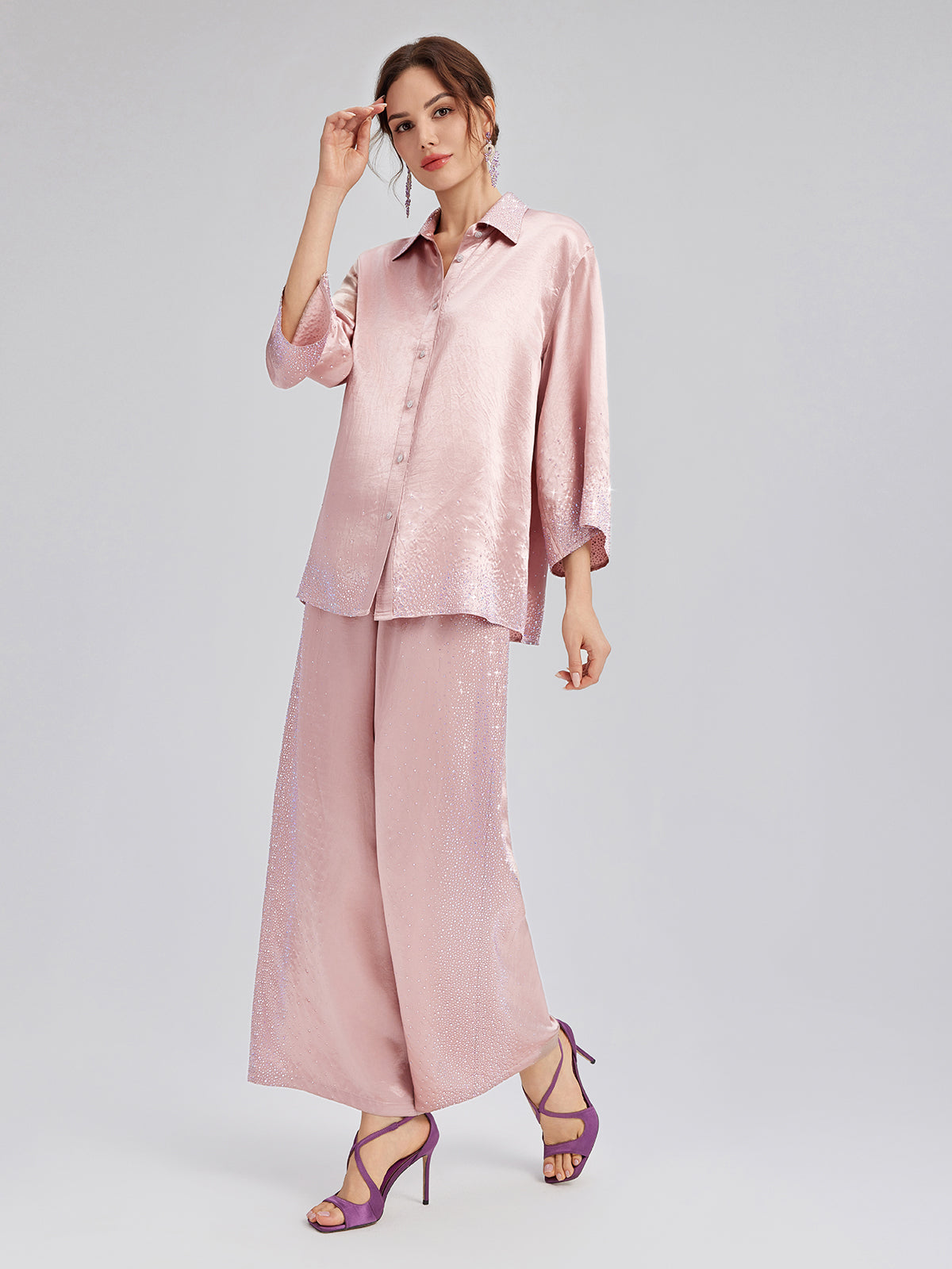 Crystal-Embellished Three-Quarter Sleeve Shirt