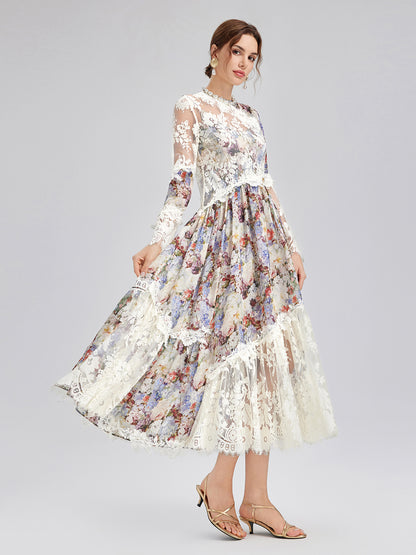 Baroque Silk Lace-Organza Panel Dress (100% Silk Floral Slip Included)