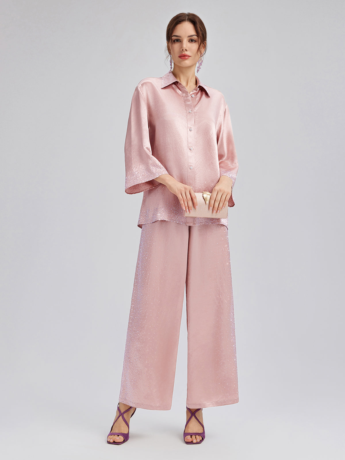 Crystal-Embellished Three-Quarter Sleeve Shirt