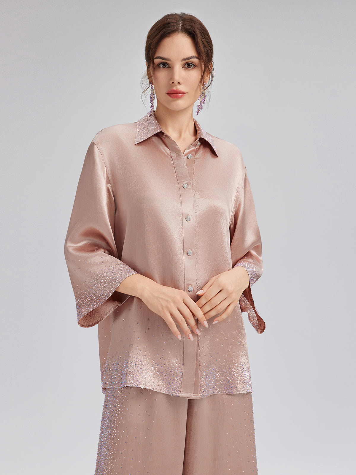 Crystal-Embellished Three-Quarter Sleeve Shirt