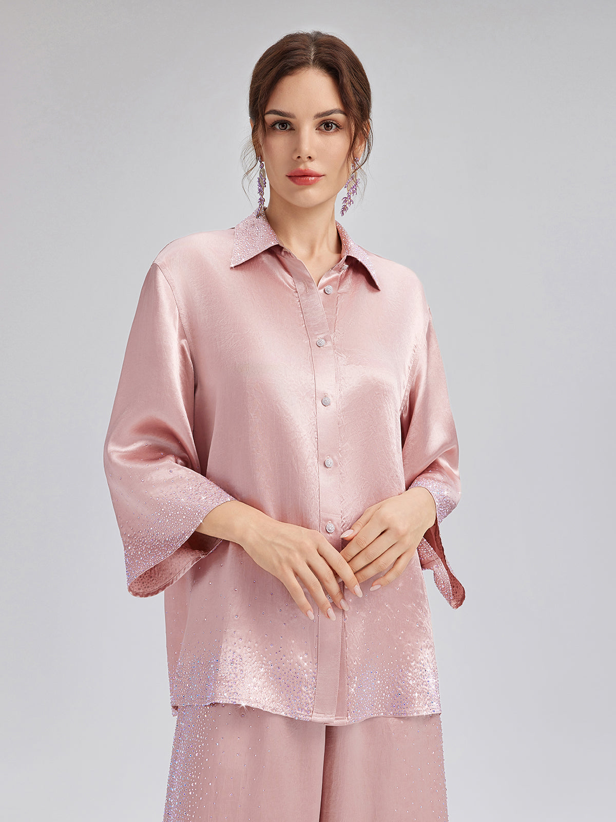 Crystal-Embellished Three-Quarter Sleeve Shirt