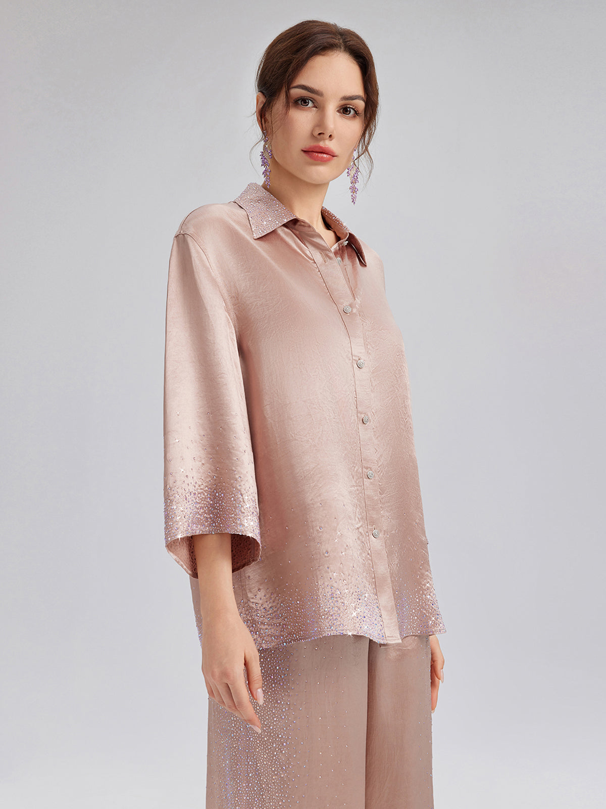 Crystal-Embellished Three-Quarter Sleeve Shirt