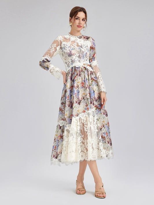 Baroque Silk Lace-Organza Panel Dress (100% Silk Floral Slip Included)