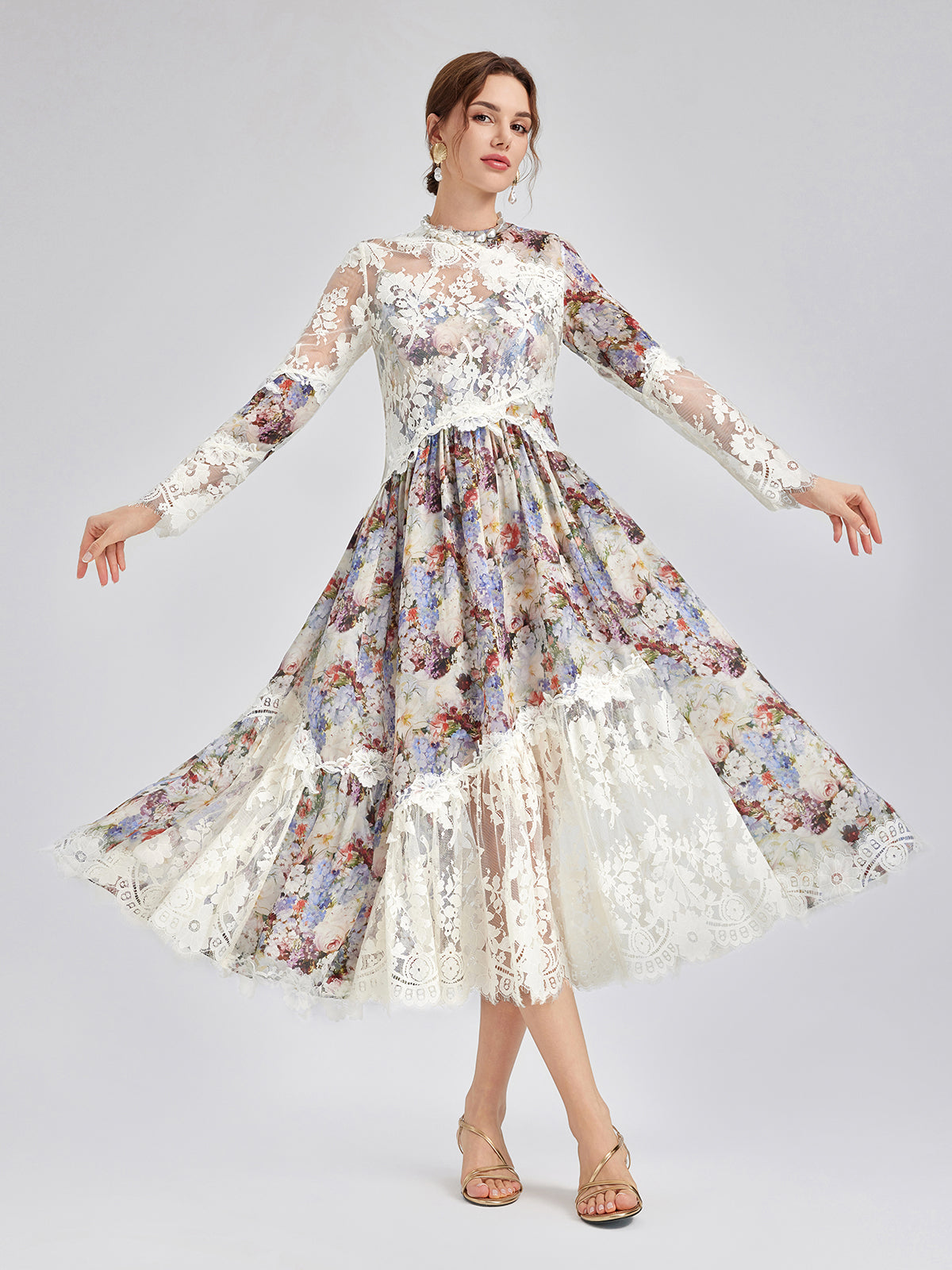 Baroque Silk Lace-Organza Panel Dress (100% Silk Floral Slip Included)