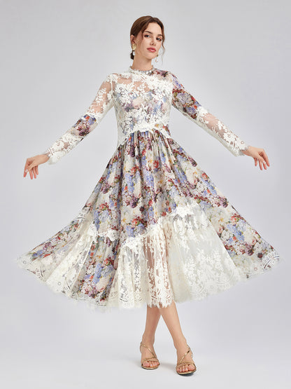 Baroque Silk Lace-Organza Panel Dress (100% Silk Floral Slip Included)