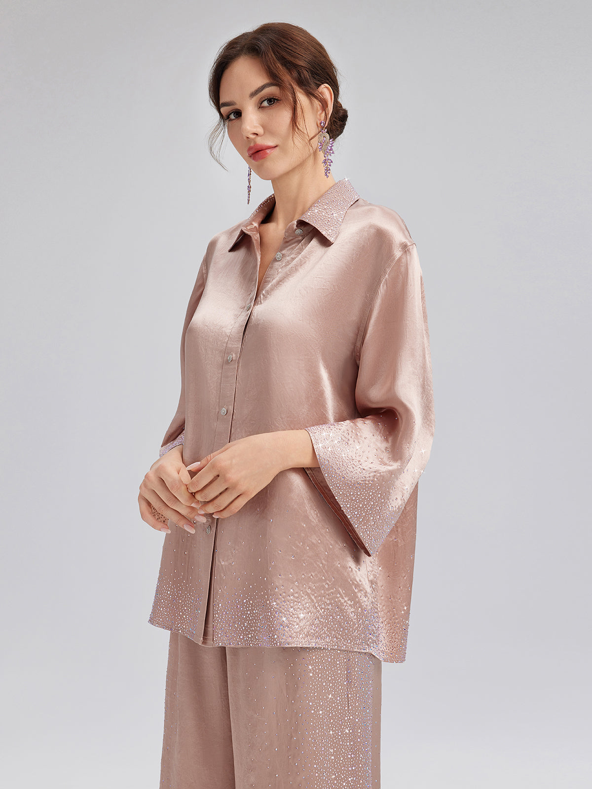 Crystal-Embellished Three-Quarter Sleeve Shirt