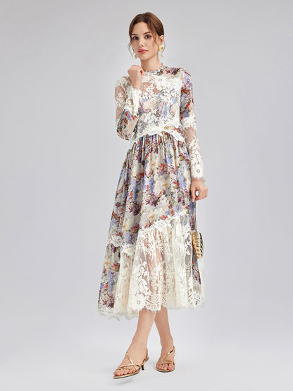 Baroque Silk Lace-Organza Panel Dress (100% Silk Floral Slip Included)