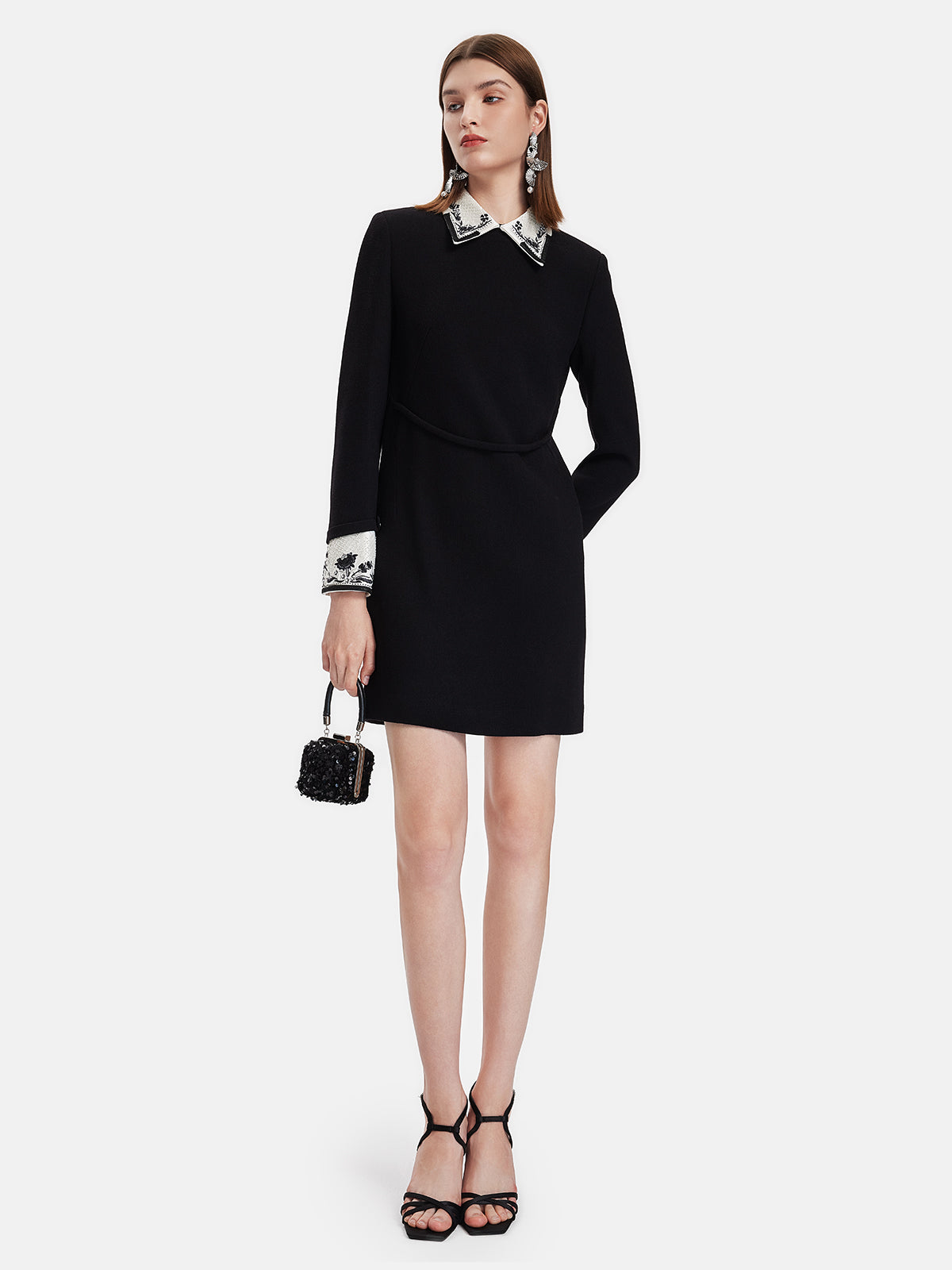 Silk-Wool Colorblock Embroidered Dress