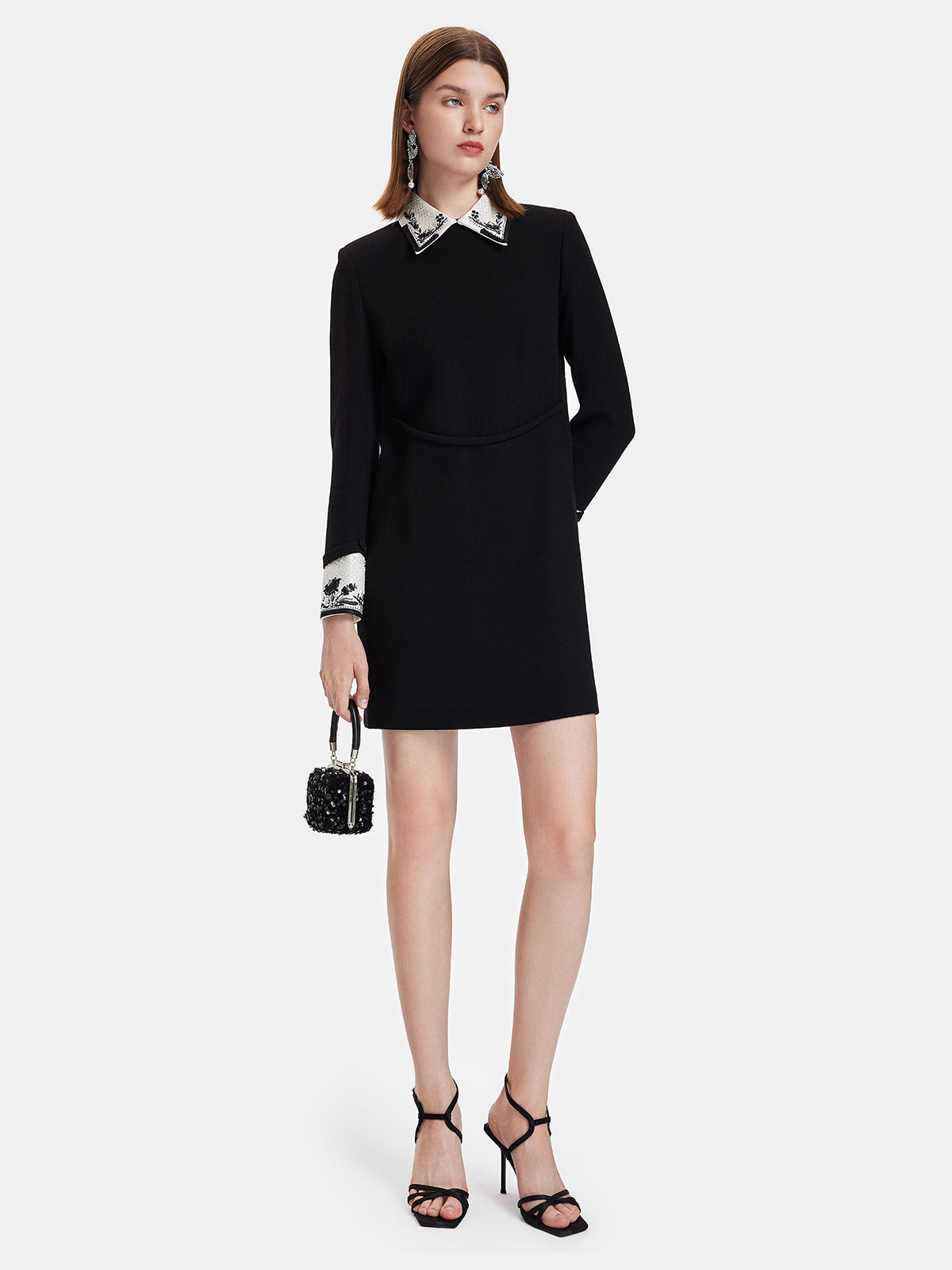 Silk-Wool Colorblock Embroidered Dress