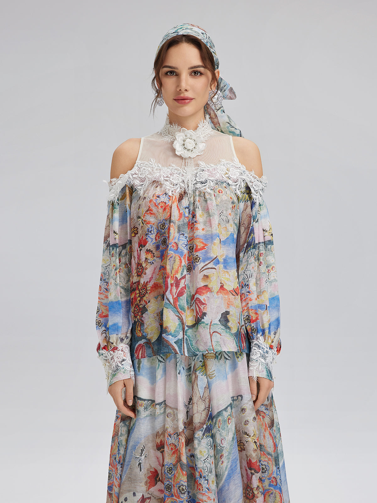 Final Sale | Oil Painting Print Silk-Linen Mesh Blouse