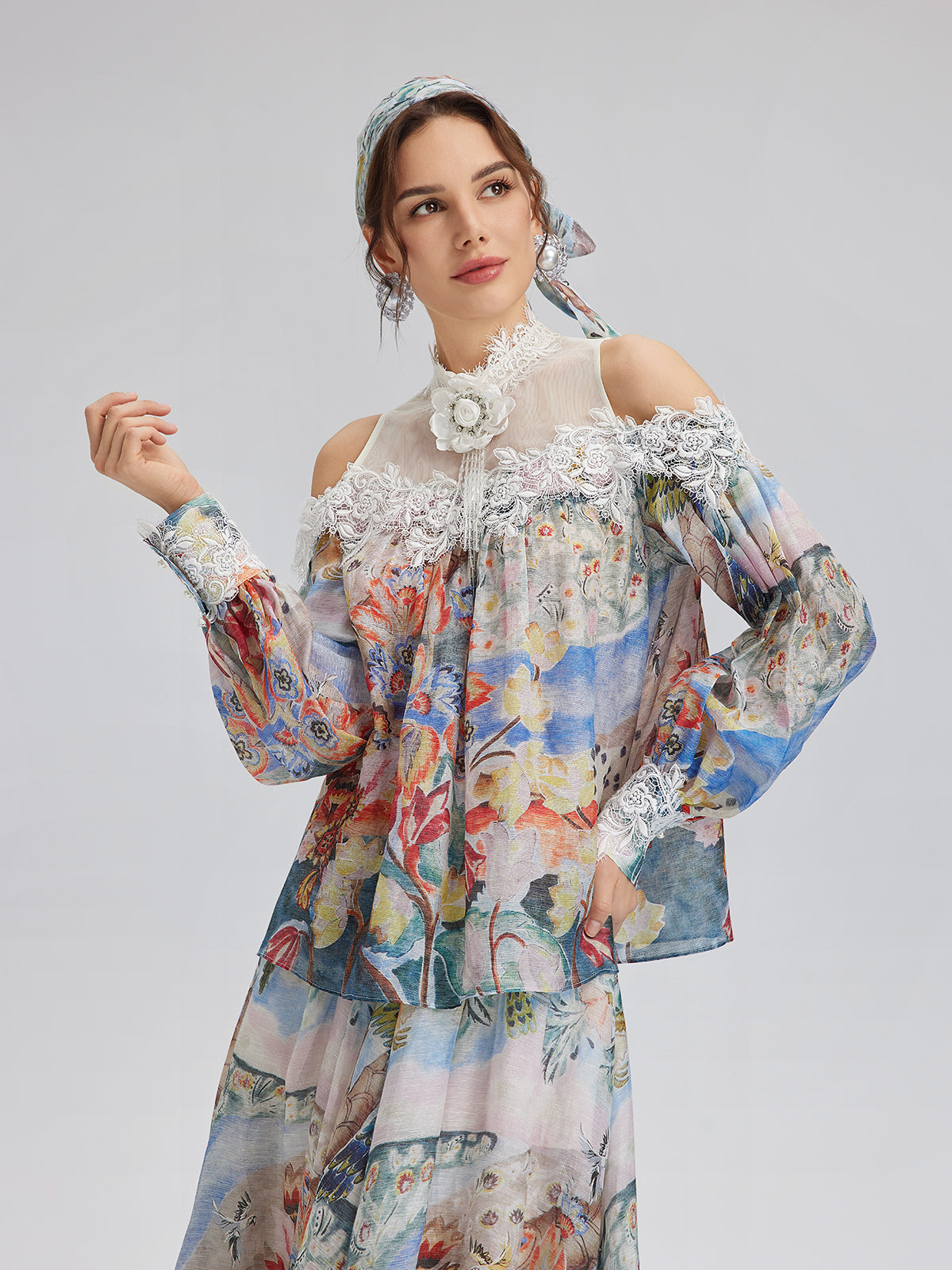 Final Sale | Oil Painting Print Silk-Linen Mesh Blouse