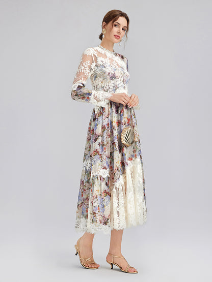 Baroque Silk Lace-Organza Panel Dress (100% Silk Floral Slip Included)