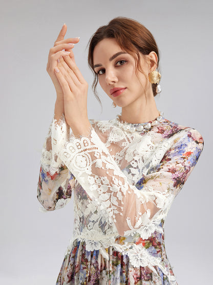 Baroque Silk Lace-Organza Panel Dress (100% Silk Floral Slip Included)