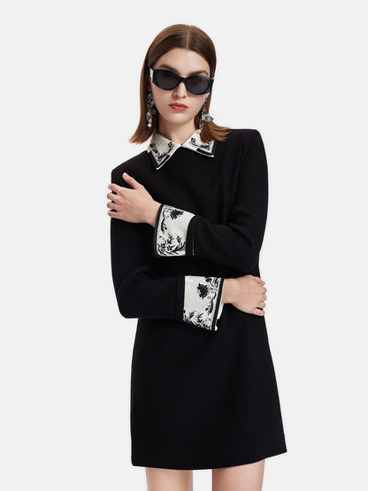 Silk-Wool Colorblock Embroidered Dress