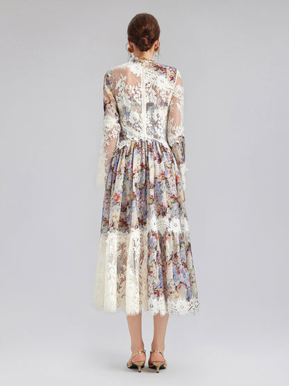 Baroque Silk Lace-Organza Panel Dress (100% Silk Floral Slip Included)