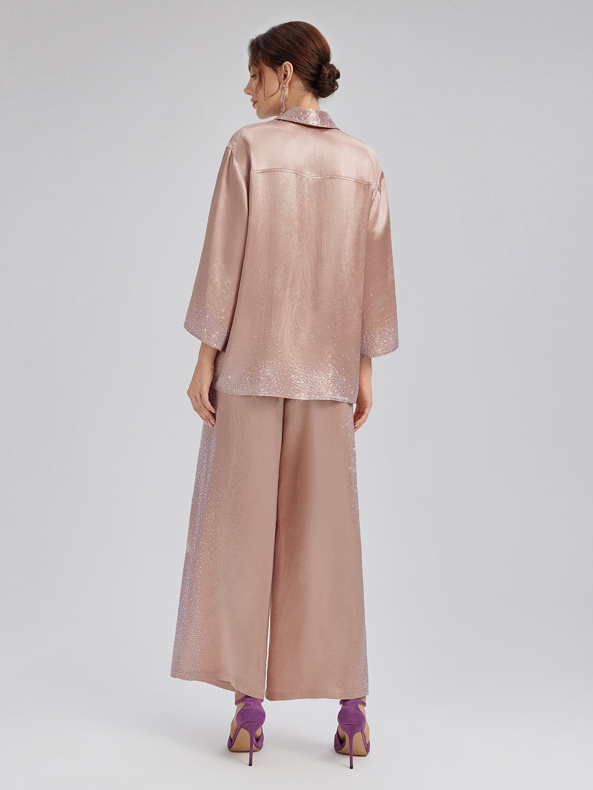 Crystal-Embellished Stretch Waistband Wide-Leg Pants