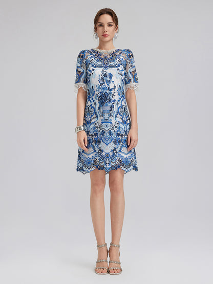 Guipure Lace Hand-Applied Crystals Mini Dress