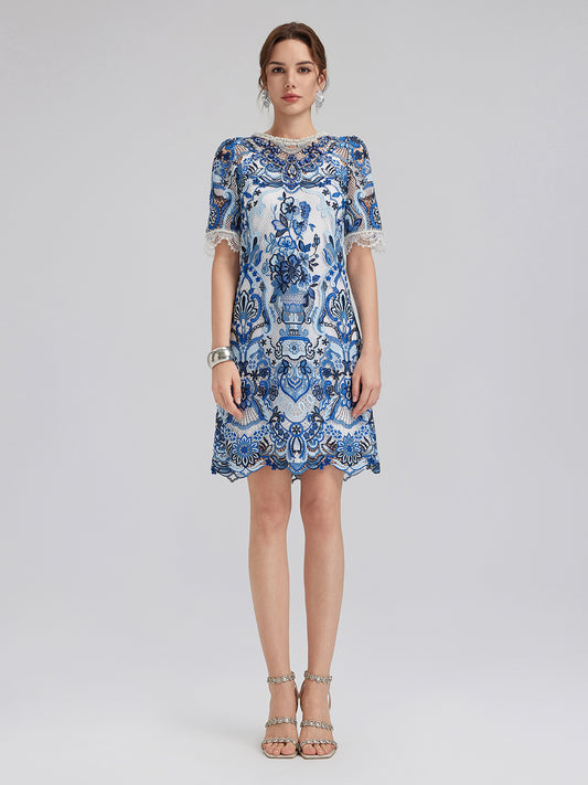 Guipure Lace Hand-Applied Crystals Mini Dress