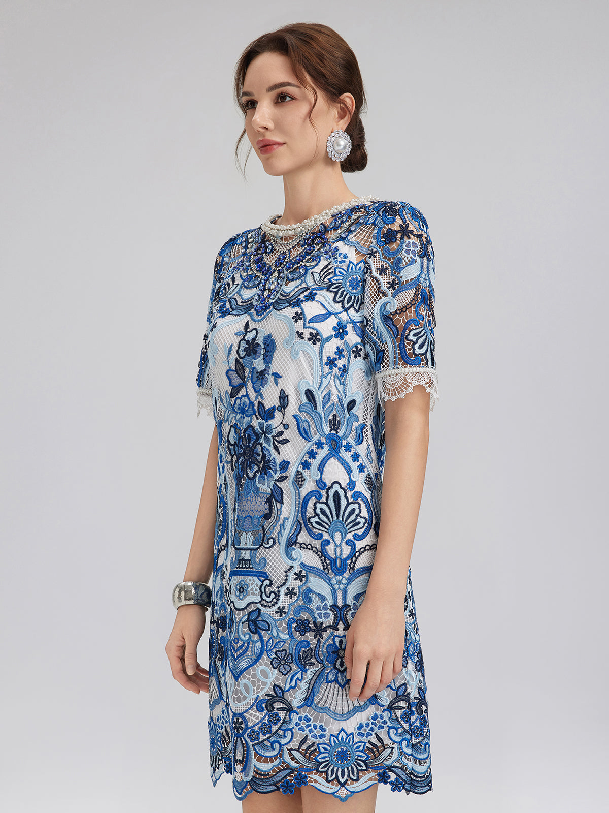 Guipure Lace Hand-Applied Crystals Mini Dress