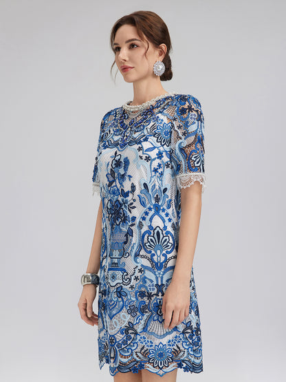 Guipure Lace Hand-Applied Crystals Mini Dress