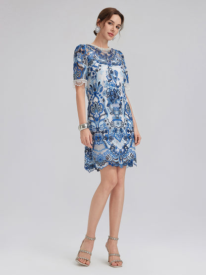 Guipure Lace Hand-Applied Crystals Mini Dress