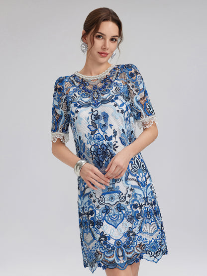 Guipure Lace Hand-Applied Crystals Mini Dress