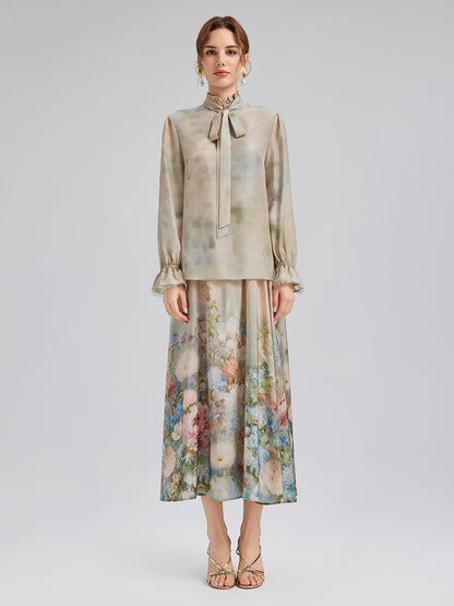 Impressionist Floral Silk Tie-Neck Blouse