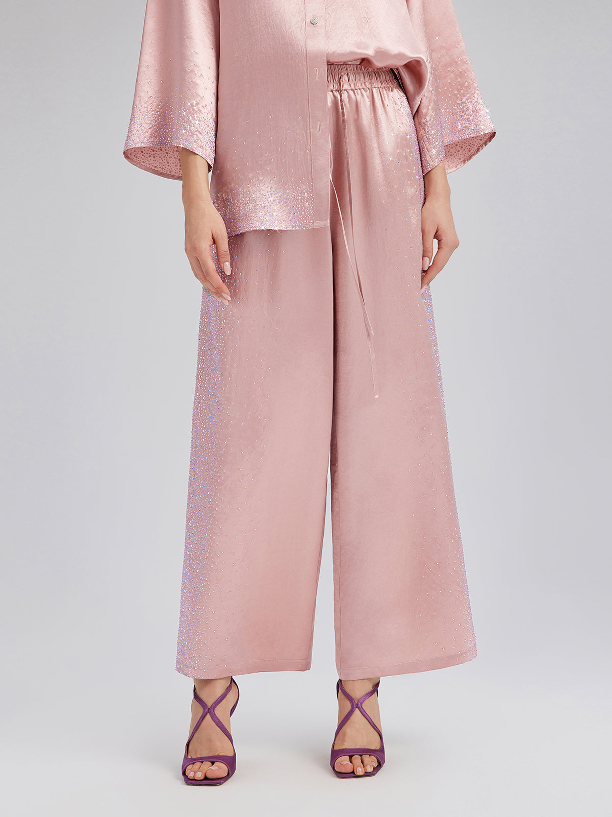 Crystal-Embellished Stretch Waistband Wide-Leg Pants