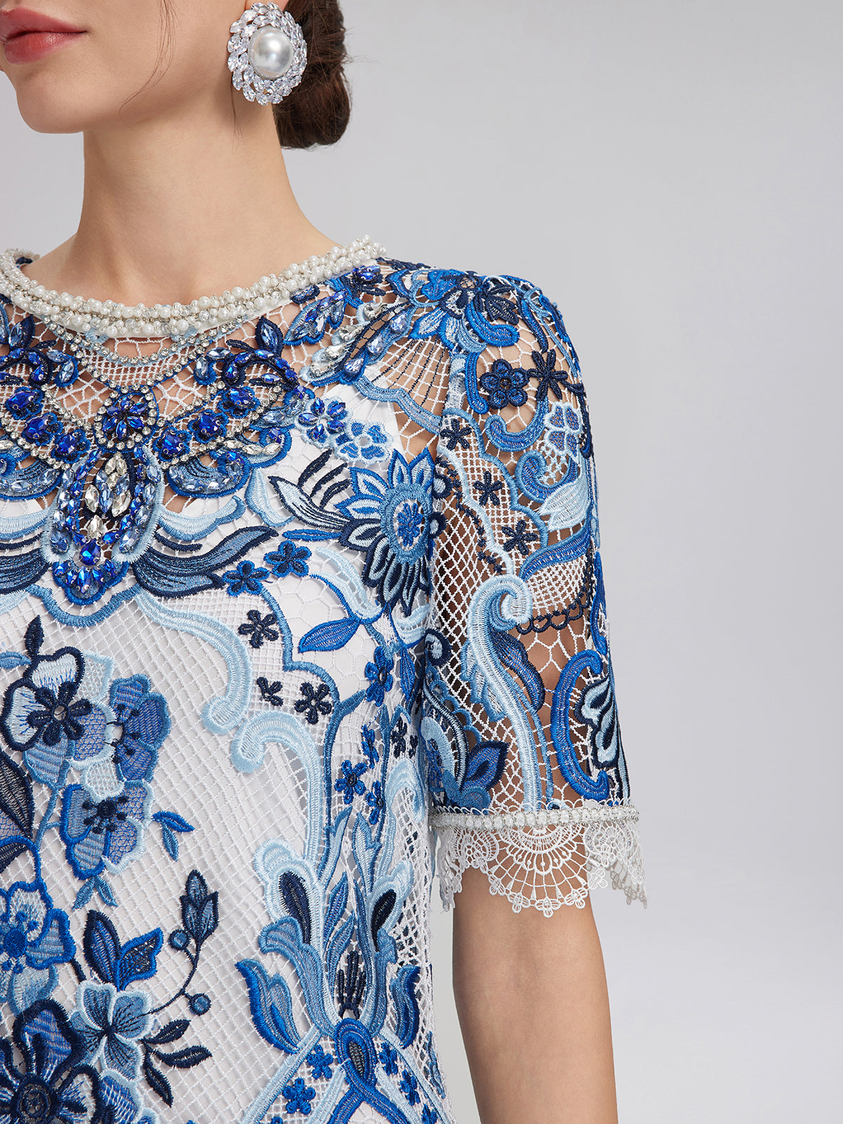 Guipure Lace Hand-Applied Crystals Mini Dress