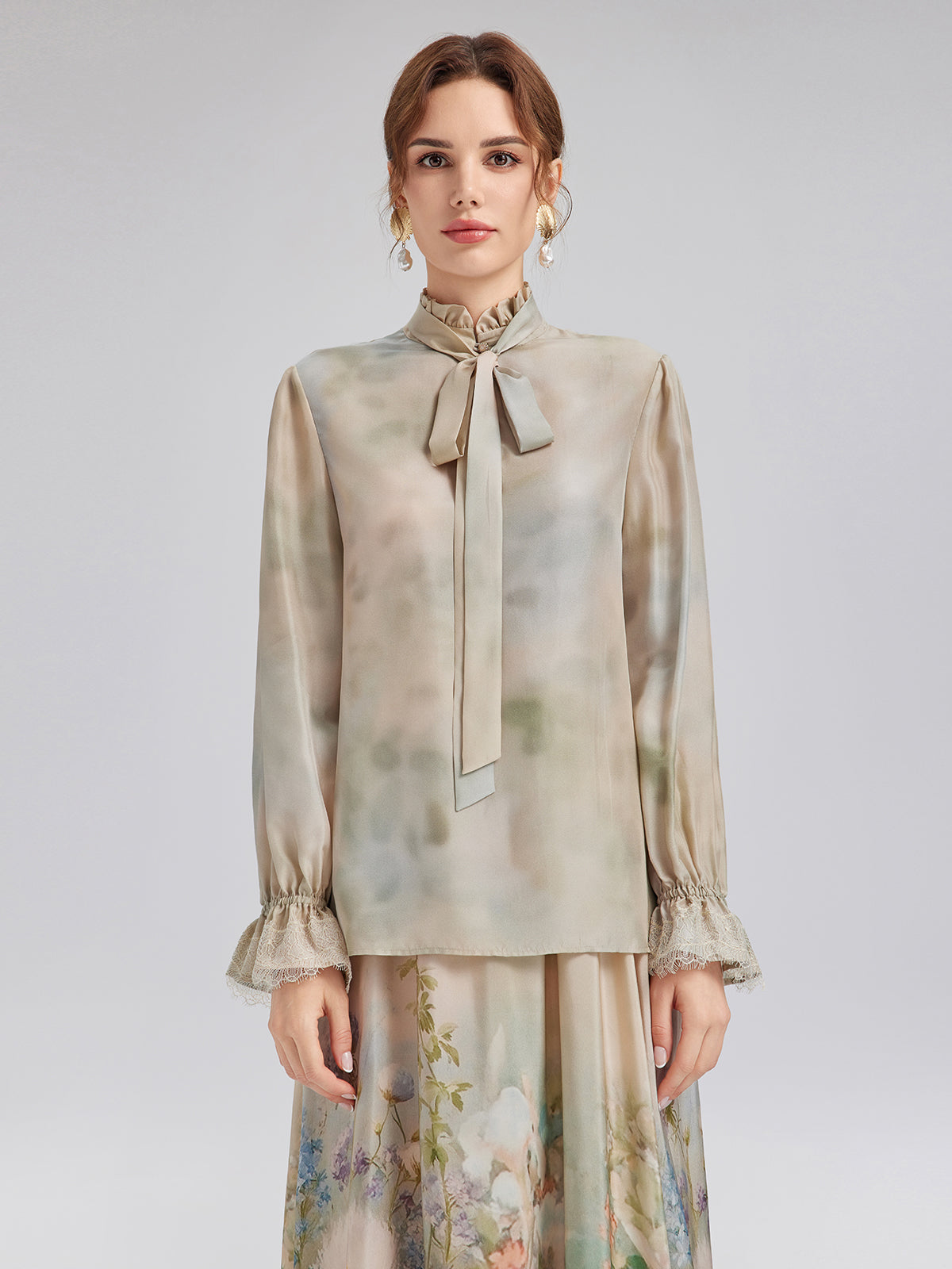 Impressionist Floral Silk Tie-Neck Blouse