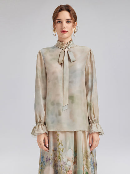 Impressionist Floral Silk Tie-Neck Blouse