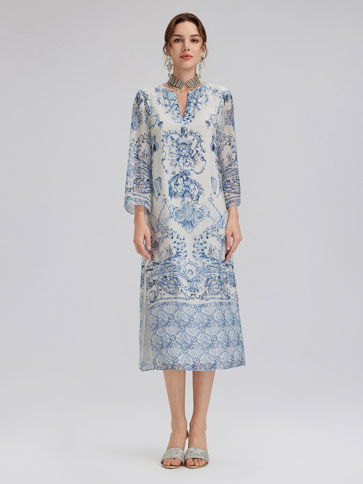 Silk Italian Floral Printed V-Neckline Dress