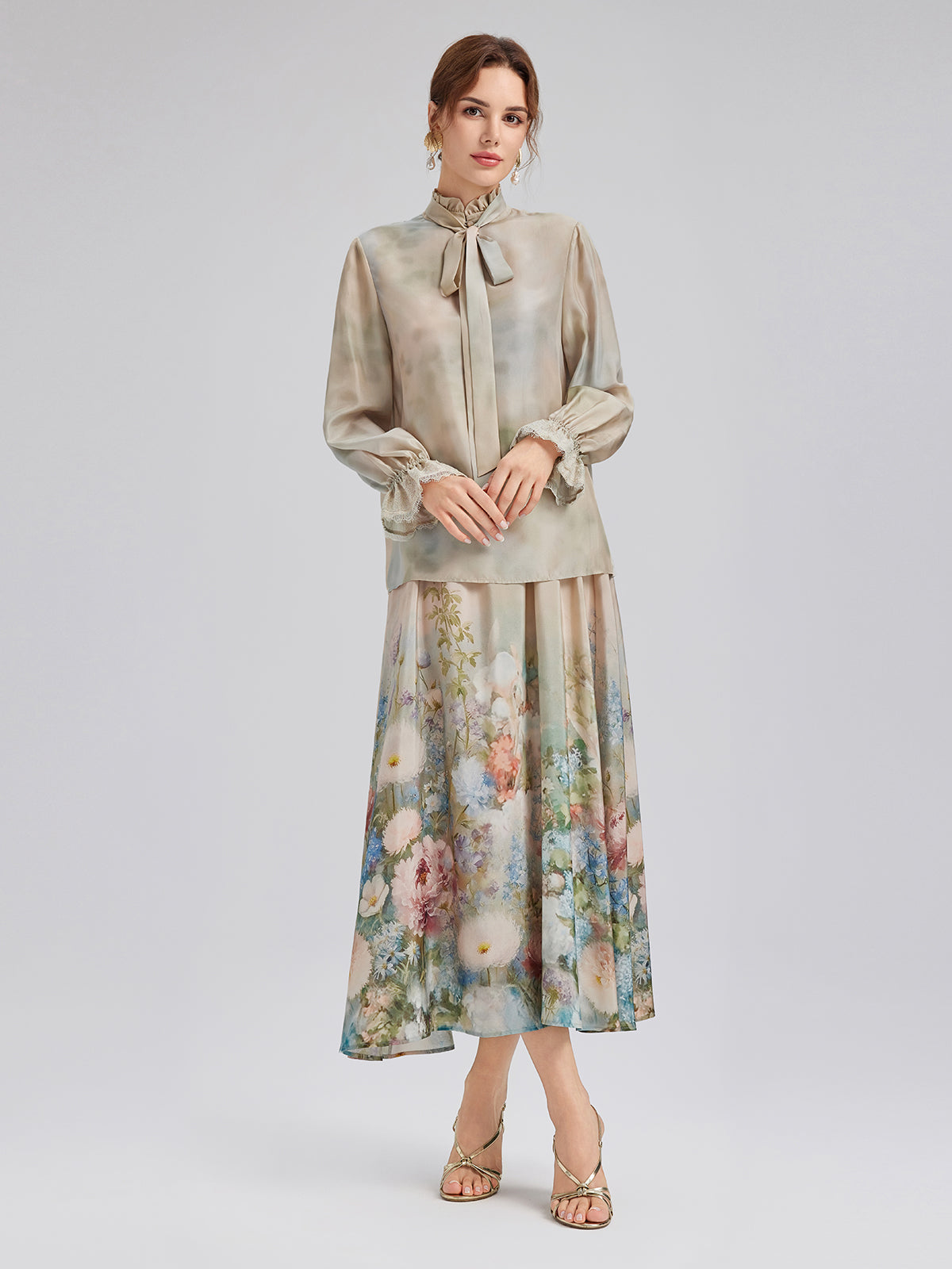 Impressionist Floral Silk Tie-Neck Blouse