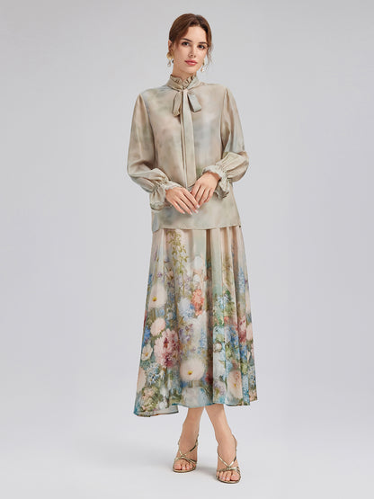 Impressionist Floral Silk Tie-Neck Blouse