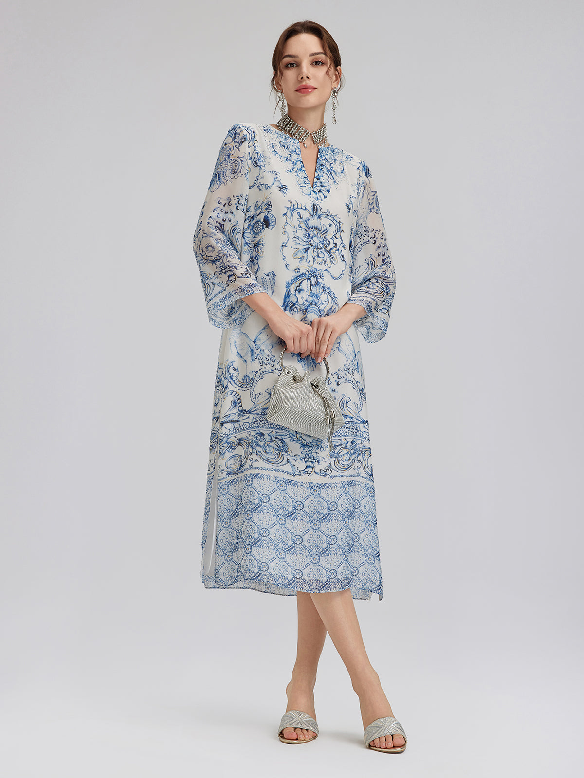 Silk Italian Floral Printed V-Neckline Dress