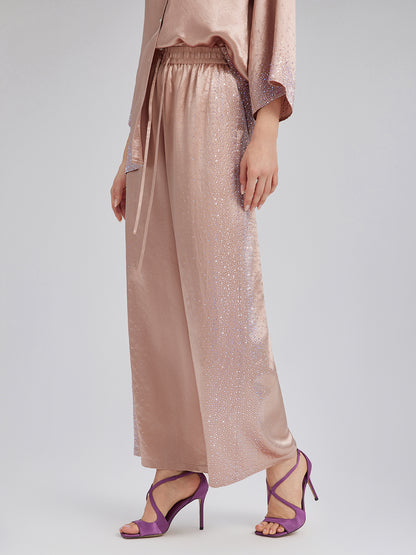 Crystal-Embellished Stretch Waistband Wide-Leg Pants