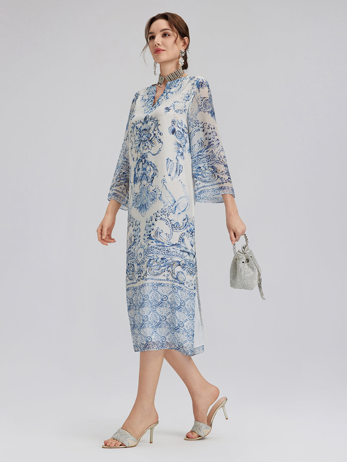 Silk Italian Floral Printed V-Neckline Dress