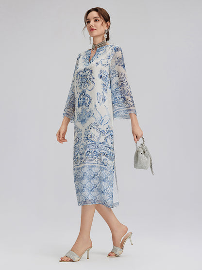 Silk Italian Floral Printed V-Neckline Dress