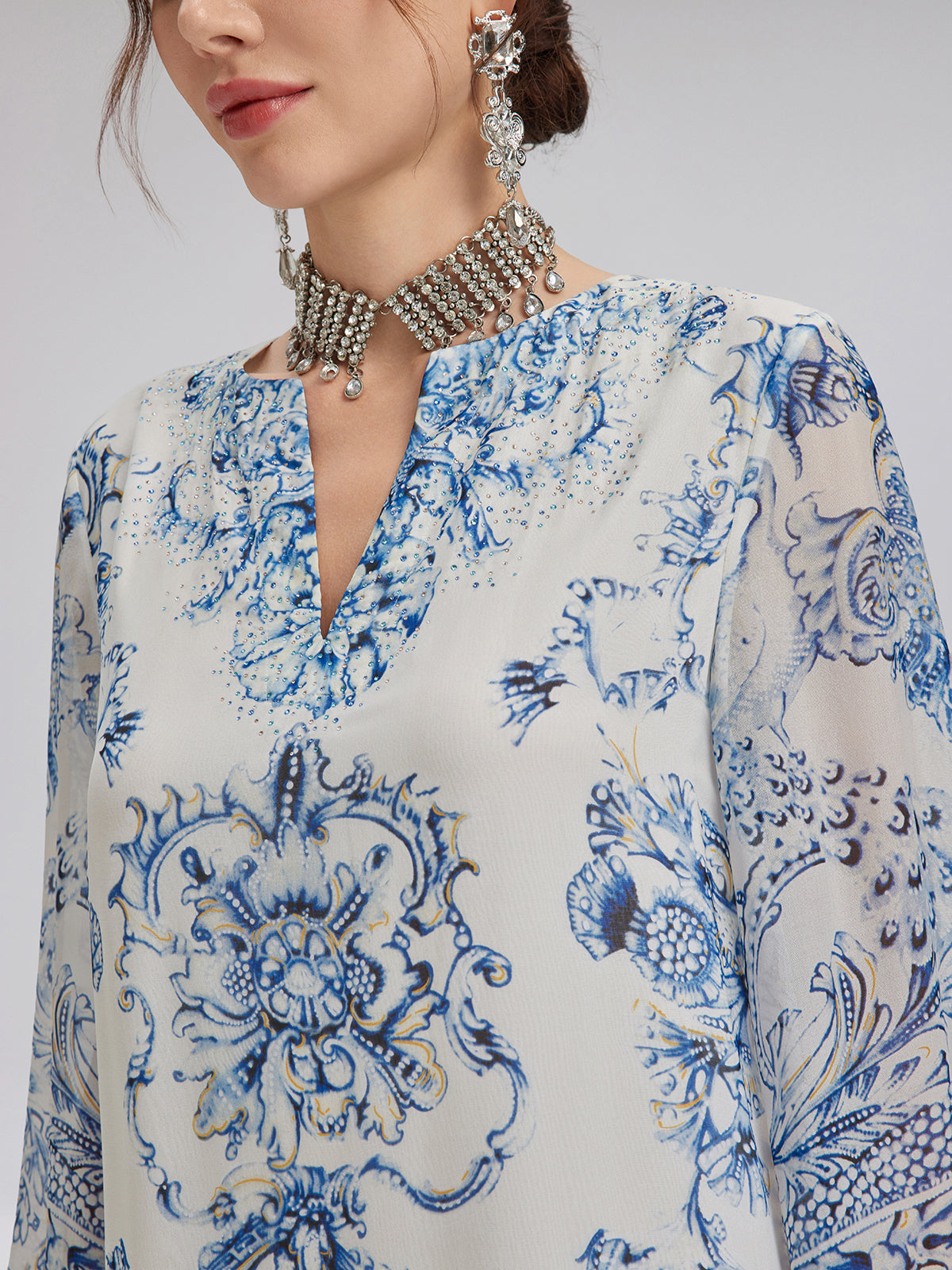 Silk Italian Floral Printed V-Neckline Dress