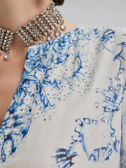 Silk Italian Floral Printed V-Neckline Dress