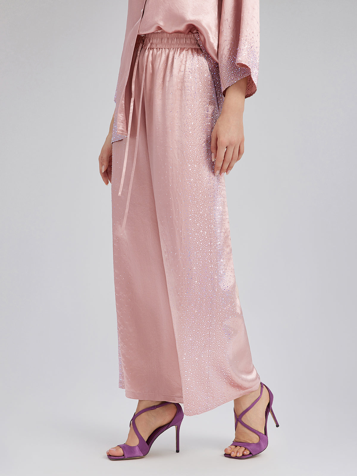 Crystal-Embellished Stretch Waistband Wide-Leg Pants