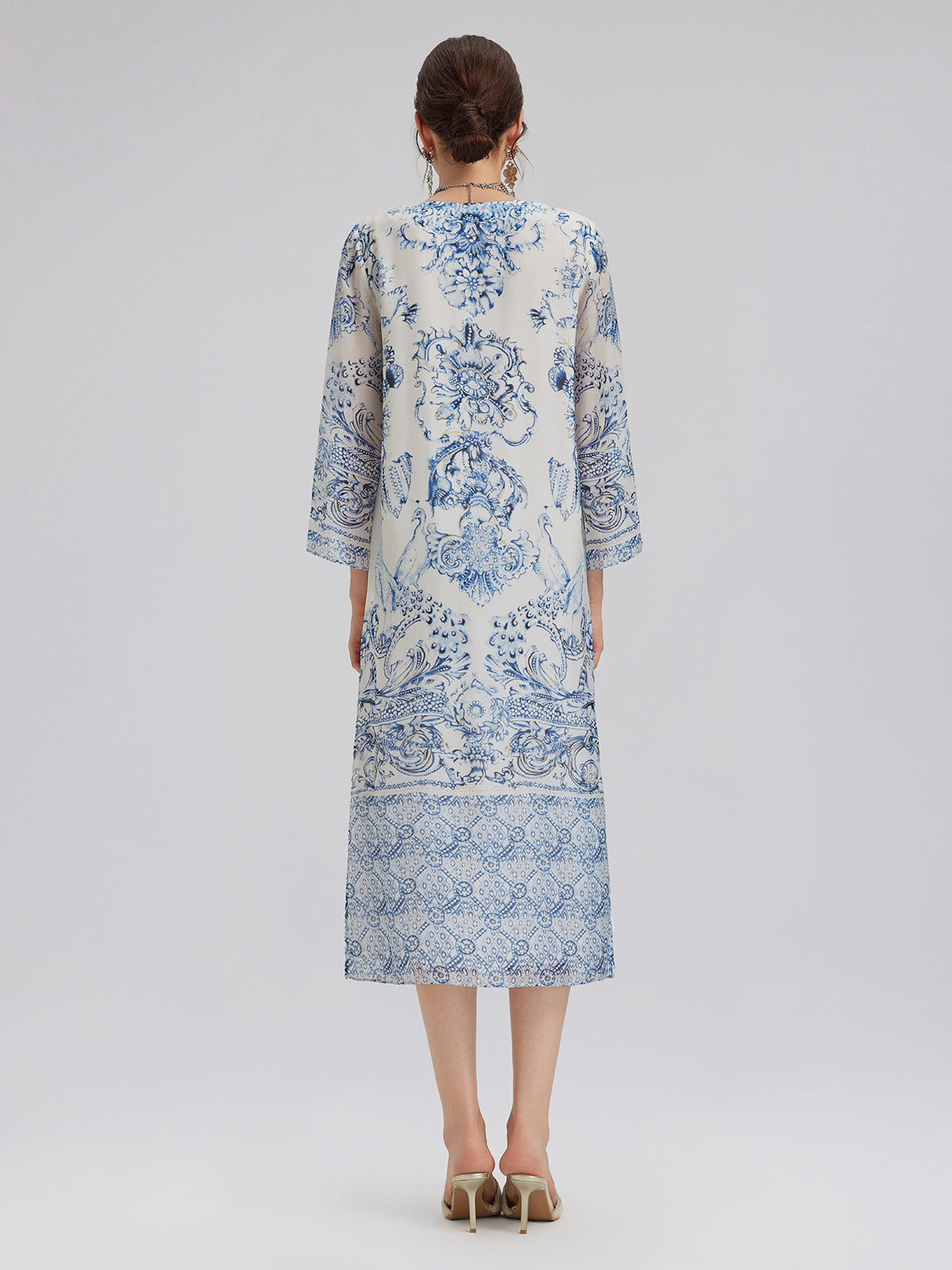 Silk Italian Floral Printed V-Neckline Dress