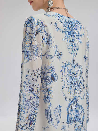 Silk Italian Floral Printed V-Neckline Dress