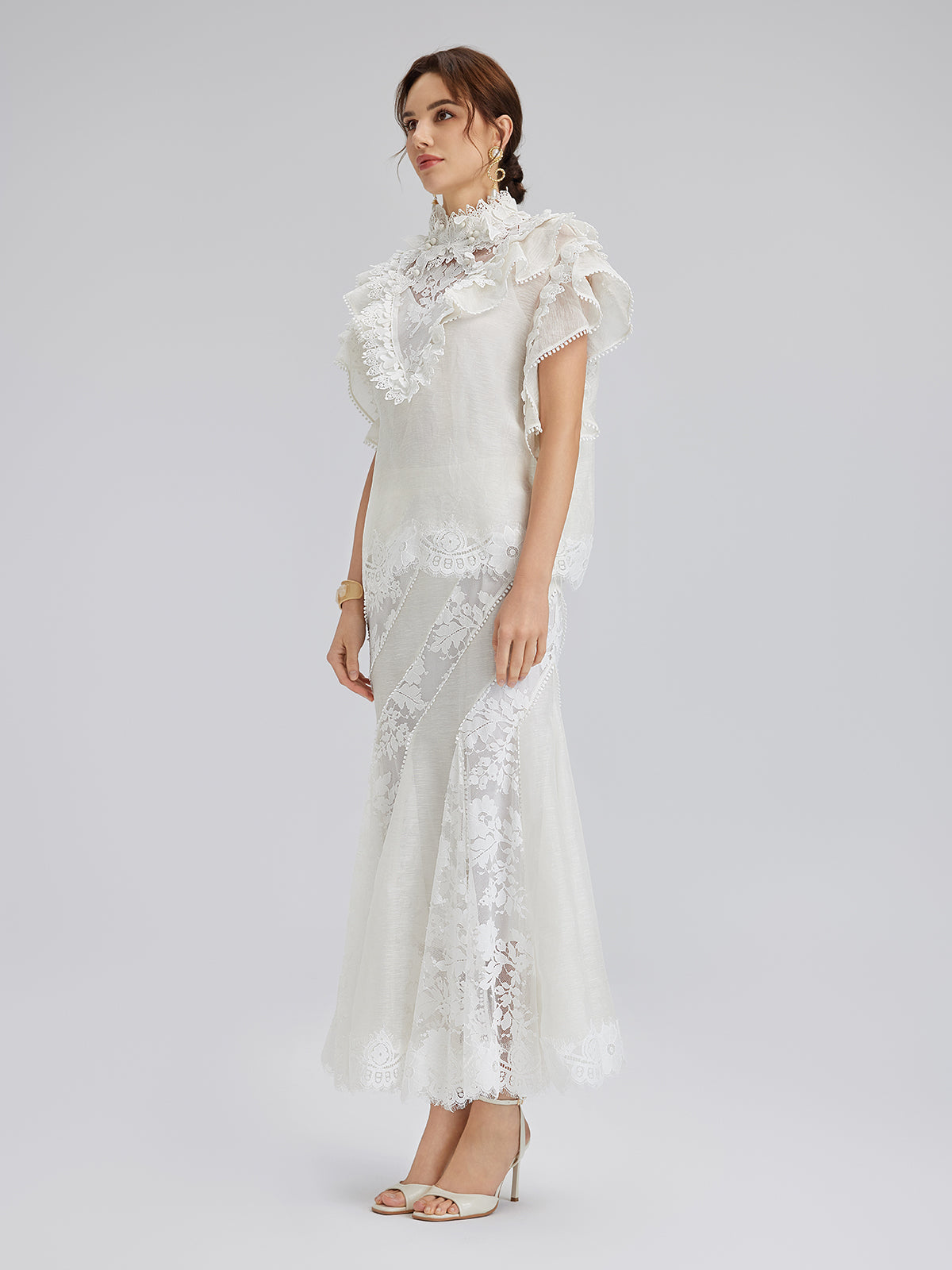 Ruffled Lace Trim Silk-Linen Blouse