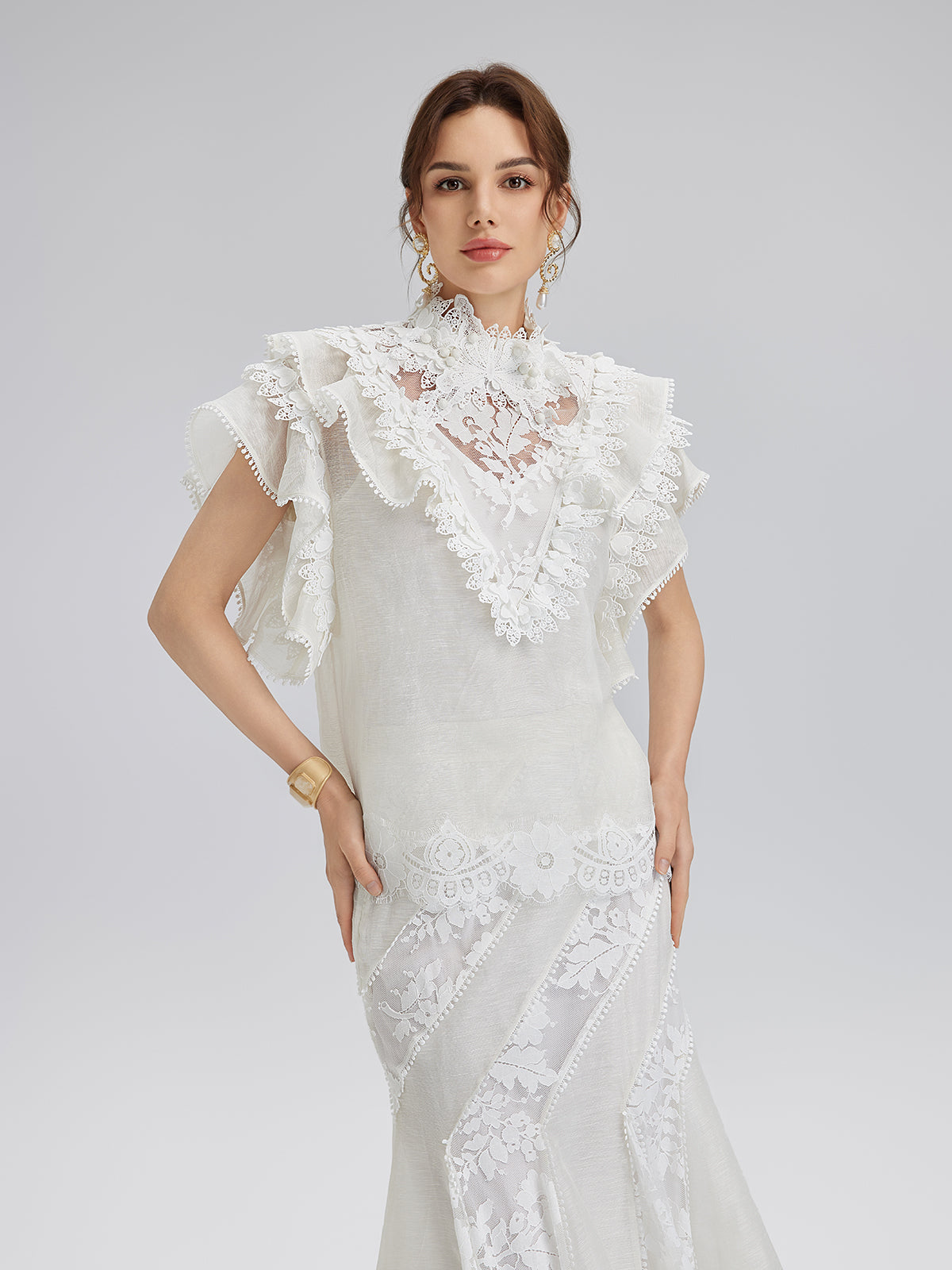 Ruffled Lace Trim Silk-Linen Blouse